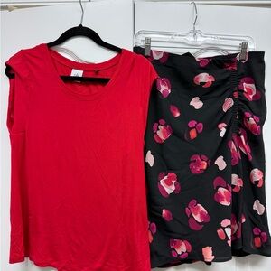 CAbi Asymmetrical Skirt in Black and Pink Floral